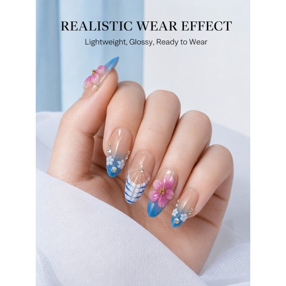 Blue‑Blossom 3D Floral Press‑On Nails, Medium‑Long Almond Handmade False Nails with Shell & Stripe Art
